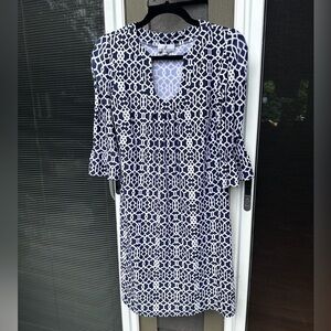 Jude Connally Navy White Print Ruffle Sleeve Shift Dress Women S